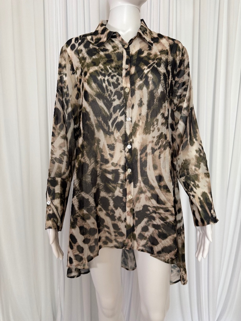 Marla Wynne Sheer Animal Print Hi-Low Button Front Tunic Blouse NWOT L